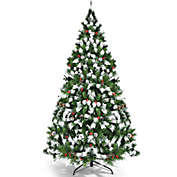 Slickblue Pre-lit Snow Flocked Christmas Tree with Red Berries and LED Lights - 6 ft