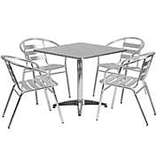 Emma and Oliver 31.5" Square Aluminum Table Set with 4 Slat Back Chairs