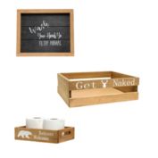 Elegant Designs 3 Piece Home Farmhouse Decorative Cabin/Lodge/Rustic Wood Bathroom Set, Small (1 Towel and 1 Toilet Paper Holder, 1 Frame) - Natural