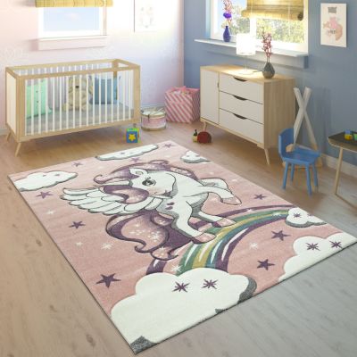 Kids Rug Cute Unicorn Design Beige Carpet Nursery Mat Childrens Rug Playroom Mat 