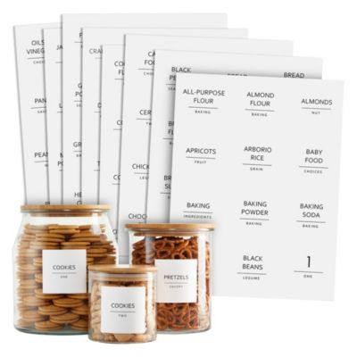 Talented Kitchen 144 Fine Line Pantry Organization Labels for Food Storage Containers, Preprinted Black All Caps on Matte White Vinyl Stickers + Numbers for Minimalist Style Kitchen (Water Resistant)
