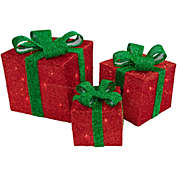 Northlight Set of 3 Lighted Red and Green Tinsel Gift Boxes with Bows Christmas Outdoor Decorations 10"