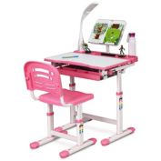 Gymax Height Adjustable Kids Desk Chair Set Study Drawing w/Lamp & Bookstand Pink