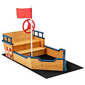Gymax Kids Pirate Boat Wooden Sandbox Non-Woven Fabric Liner Children Outdoor Playset