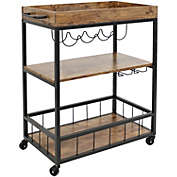 Sunnydaze 3 Tier Rustic Industrial Style Rolling Indoor Bar Cart with Wine Bottle and Stemware Rack