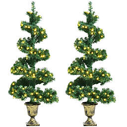 Gymax 2PCS 4 ft Pre-Lit Spiral Topiary Christmas Tree Artificial Helical Xmas Tree