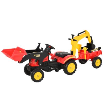 Aosom 3 in1 Kids Ride On Bulldozer/Excavator Toy with 6 Wheels, Controllable Cargo Trailer & Easy Pedal Controls