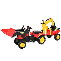 Aosom 3 in1 Kids Ride On Bulldozer/Excavator Toy with 6 Wheels, Controllable Cargo Trailer & Easy Pedal Controls