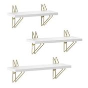 SONGMICS Floating Shelves, Wall Shelves Set of 3, Metal Brackets, Modern Style, for Living Room, Bedroom, Kitchen, White and Gold Color