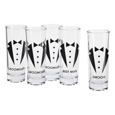 Blue Panda Party Favors Shot Glasses - Bachelor Shot Glasses with Tuxedo and Groom, Best Man & Groomsman Prints- Set of 5, 2 oz Each