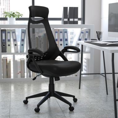 Emma + Oliver High Back Black Mesh Executive Swivel Office Chair with Flip-Up Arms. View a larger version of this product image.