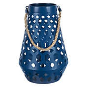 Contemporary Home Living 13" Coastal Blue Geometric Lantern with Jute Rope Handle Pillar Candle Holder