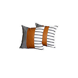 HomeRoots Black and White Stripes and Faux Leather Pillow Cover - 22