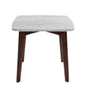 The Bianco Collection Gavia 19.5" Square Italian Carrara White Marble Side Table with Walnut Legs
