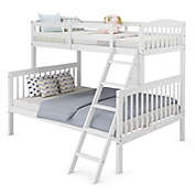 Slickblue Twin over Full Bunk Bed Rubber Wood Convertible with Ladder Guardrail-White