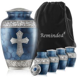 Reminded Set of 5 Engraved  Cross Cremation Urns for Human Ashes - 1 Adult + 4 Keepsake Token Size