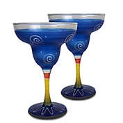 Crafted Creations Set of 2 Yellow and Blue Hand Painted Margarita Drinking Glasses 12 oz.