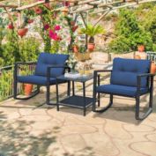 Gymax 3PCS Rattan Rocking Chair Table Set Patio Furniture Set w/ Navy Cushions
