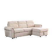 Saltoro Sherpi Irma 97 Inch 2 Piece Sectional Sofa, Pull Out Bed, Rolled Arm, Beige Velvet-