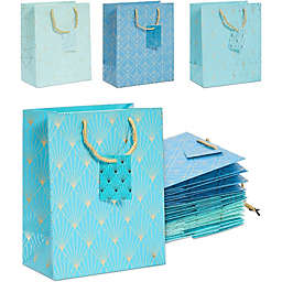 Sparkle and Bash Blue & Gold Foil Gift Bags with Handles, 4 Designs for Baby Shower, Wedding (15 Pack)