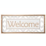 Urban Trends Collection Wood Rectangle Wall Art with Carved Writing "Welcome" and Side Cutout Shapes Design Painted Finish White