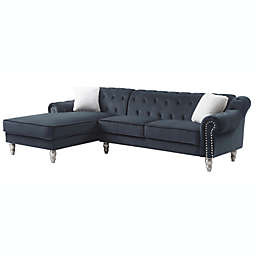 Passion Furniture Encino 99 in. Chesterfield Tufted Black Velvet Sectional Sofa with 2-Throw Pillow