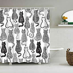 Black And White Cat Print Shower Curtain With 12 Pcs Hooks