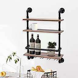Infinity Merch 3-Layer Wine Racks Pipe Wall Shelving with Glass Holder in Retro
