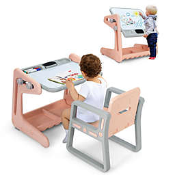 Gymax 2 in 1 Kids Easel Table & Chair Set Adjustable Art Painting Board Gray/Blue/Light Pink