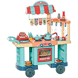 Qaba Kids Kitchen Food Stand with Play Food, Money, Cash Register, Accessories Ages 3- 6