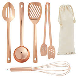 Juvale Copper Cooking Utensils Kitchen Set, Rose Gold Cookware with Ladle, Whisk, Tongs, Slotted Spatula, Spoon (5 Pieces)
