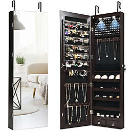 Gymax Wall & Door Mounted Mirrored Jewelry Cabinet Storage Organizer Black/White