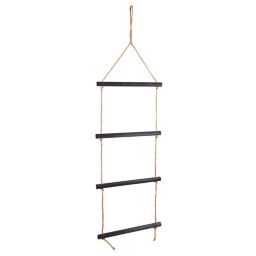 Farmlyn Creek 4-Rung Hanging Blanket Ladder, Wooden Rustic Towel Racks for Bathroom with Rope for Bathroom Decor, Black (17 x 60 In)