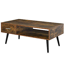 HOMCOM 43 inch Mid-Century Modern Coffee Table with Drawer and Shelf, Rectangular Center Table for Living Room, Cocktail Table, Rustic Brown