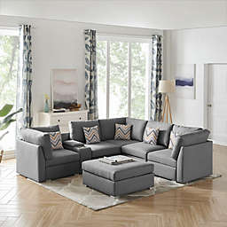 Contemporary Home Living Set of 7 Lava Gray Amira Fabric Reversible Modular Sectional Sofa with USB Console and Ottoman, 8.75'