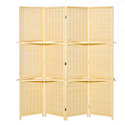 HOMCOM 4-Panel Bamboo Room Divider, 6 Ft Folding Privacy Screen with 2 Display Shelves for Bedroom and Office, Natural