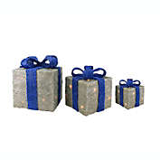 Northlight Set of 3 Lighted Silver and Blue Gift Boxes Outdoor Christmas Decorations 10"