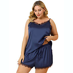 Agnes Orinda Women's Plus Size Lace Panel Cami Elastic Waist Pajama Set 3X Blue