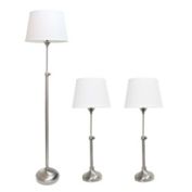 Lalia Home Perennial Modern Manhattan Extendable 3 Piece Metal Lamp Set (2 Table Lamps, 1 Floor Lamp) For Living Room, Bedroom, Home Decor With White Tapered Drum Fabric Shades And Brushed Nickel Finish