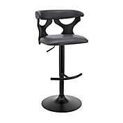 Armen Living Ruth Adjustable Swivel Grey Faux Leather and Black Wood Bar Stool with Black Base