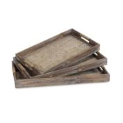 Cheungs Decorative Set of 3 Brown Wooden Trays with Center Bamboo Pattern and Rope Wrapped Handles