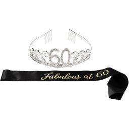 Blue Panda 60th Birthday Sash and Tiara for Women, Fabulous at 60 Party Decorations (Black with Gold Print)