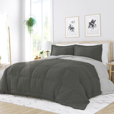 Reversible Solid Comforter Set Down-Alternative All Season Ultra Soft Microfiber Bedding by Heart & Home, King/Cal-King - Gray / Light Gray