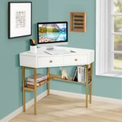 Slickblue Space Saving Corner Computer Desk with 2 Large Drawers and Storage Shelf