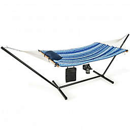 Costway-CA Hammock Chair Stand Set Cotton Swing with Pillow Cup Holder Indoor Outdoor