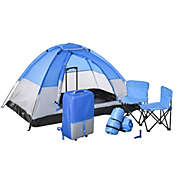 Outsunny Kids Camping Tent with Chairs, Sleeping Bags, Flashlights, Trolley Case, 69&quot; L 53.25&quot; W 37.5&quot; H, Blue/Grey