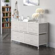 Flash Furniture  5 Drawer Wood Top White Cast Iron Frame Vertical Storage Dresser with Light Gray Easy Pull Fabric Drawers