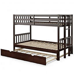 Costway Twin Pull-Out Bunk Bed with Trundle Wooden Ladder-Espresso
