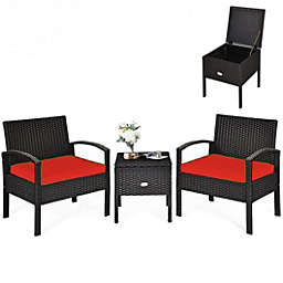 Costway 3 Piece PE Rattan Wicker Sofa Set with Washable and Removable Cushion for Patio-Red