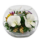 Fiora Flower Long-Lasting White Orchids and rose in a Round Glass Vase